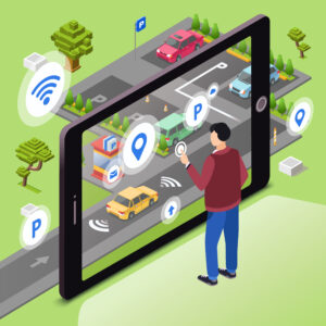 A business owner checking local SEO analytics on a smartphone with a digital map showing nearby search results and pins labeled “Near Me.”