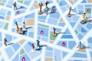 Screenshot of a local map with business pins and a fully optimized Google Business Profile showing business name, reviews, address, hours, and call-to-action buttons.